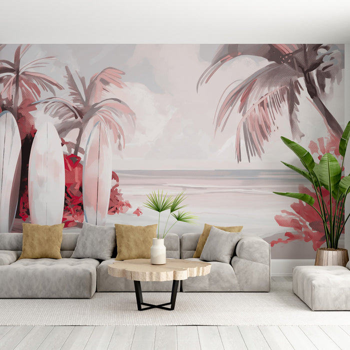 Un salon moderne avec un papier peint tropical aux teintes douces de rose et beige, illustrant des palmiers et des planches de surf, créant une ambiance relaxante et estivale.