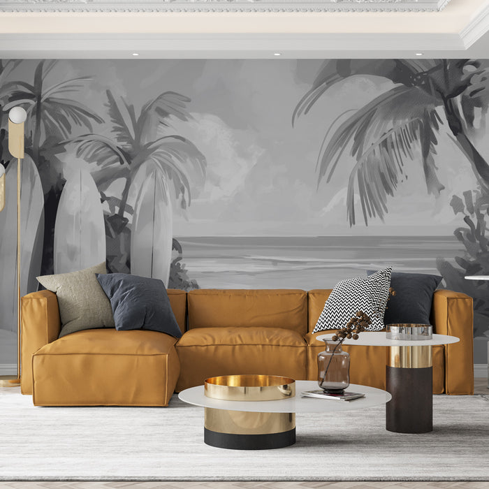 Un salon moderne avec un papier peint en nuances de gris représentant des palmiers et des planches de surf, évoquant une ambiance relaxante et estivale.