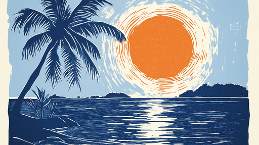Papier peint surf et coucher de soleil Design tropical illustré en bleu et orange