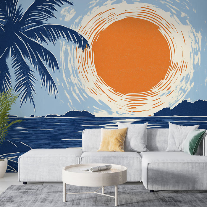 Papier peint surf et coucher de soleil | Design tropical illustré en bleu et orange