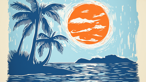 Papier peint surf et coucher de soleil Palmiers et horizon tropical