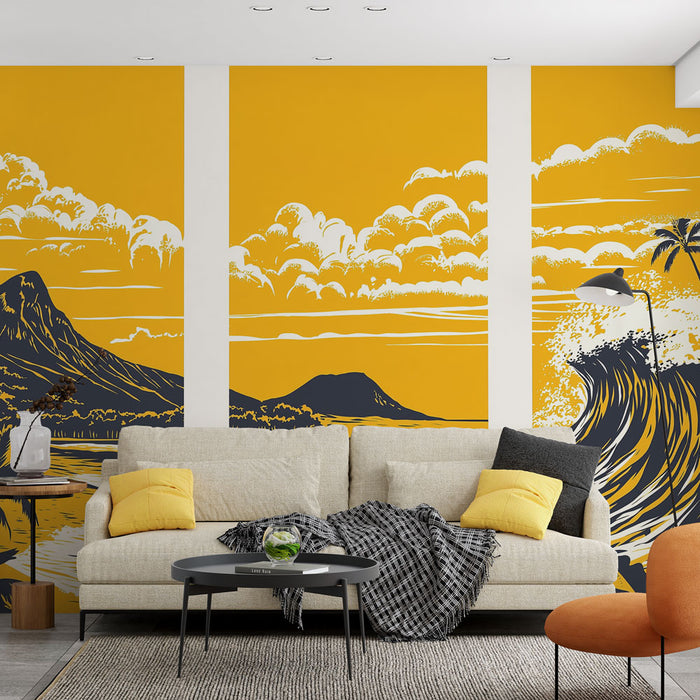 Papier peint surf et océan | Paysage tropical vibrant en jaune et noir