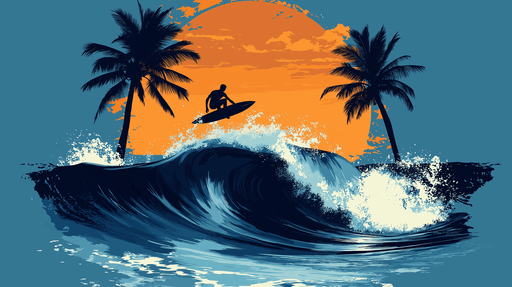 Papier peint surf Merveilleux coucher de soleil sur les vagues avec surfeur