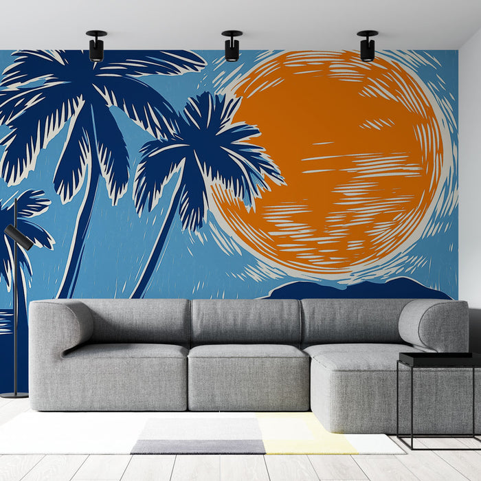 Papier peint surf | Motif palmier et coucher de soleil