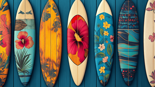 Papier peint surf Panneaux de surf colorés avec motifs floraux et marins