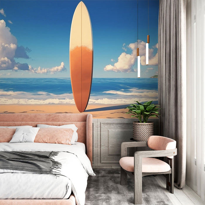 Papier peint surf | Planche de surf au bord de la mer sous un ciel bleu