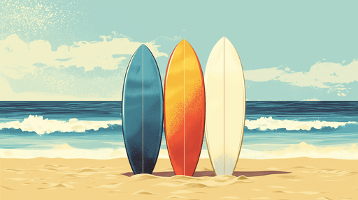 Papier peint surf Planches colorées sur la plage avec une vue sur l'océan