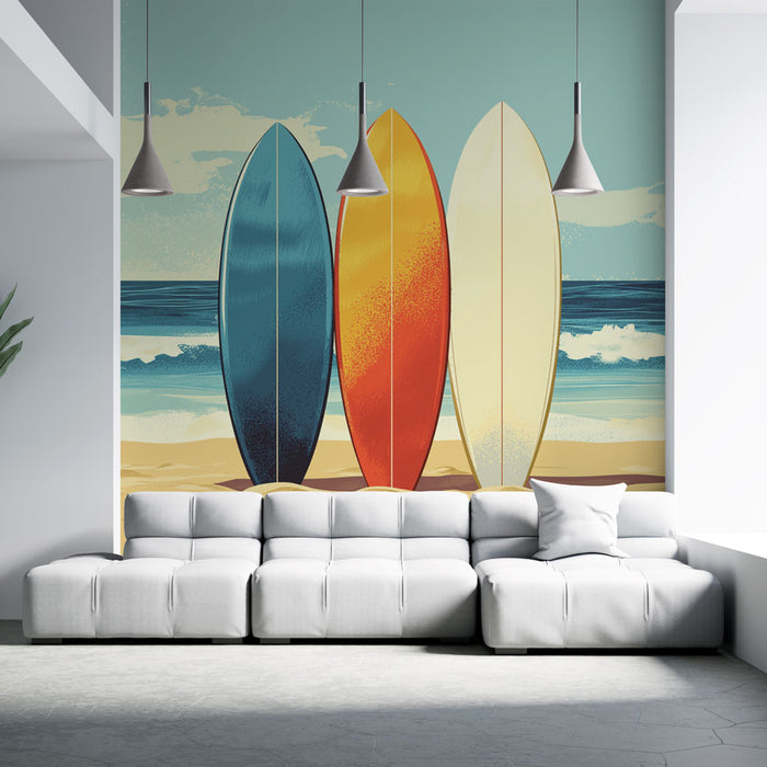 Papier peint surf | Planches colorées sur la plage avec une vue sur l'océan