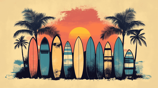 Papier peint surf Planches de surf colorées devant un coucher de soleil tropical