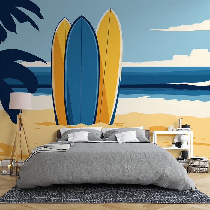 Une chambre moderne avec un papier peint illustrant des planches de surf colorées sur fond de plage, évoquant une ambiance estivale et décontractée.