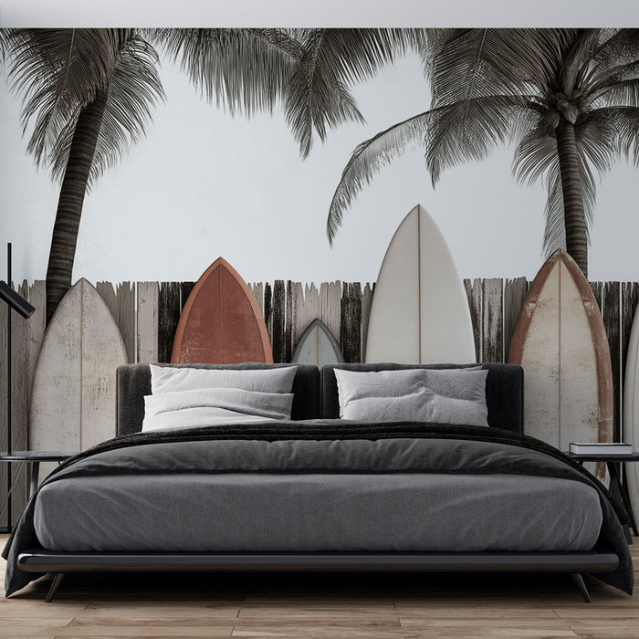 Papier peint surf | Planches de surf et palmiers sur fond de plage