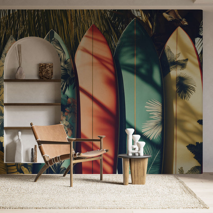 Papier peint surf | Planches de surf tropicales avec motifs floraux