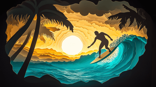 Papier peint surf Scène de surfer au coucher de soleil avec palmiers