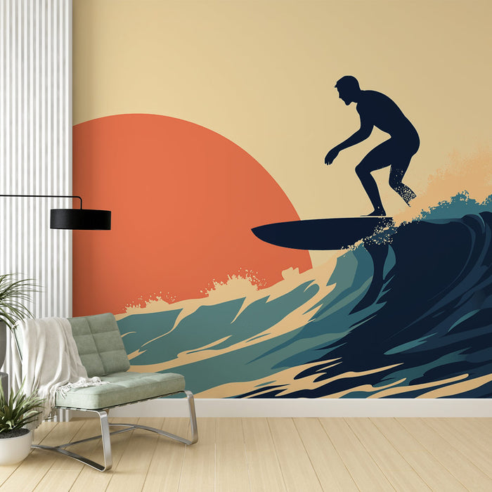 Papier peint surf | Silhouette d'un surfeur au coucher de soleil