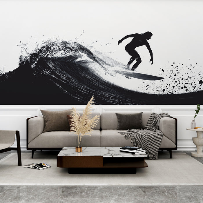 Papier peint surf | Silhouette d'un surfeur sur une vague dynamique