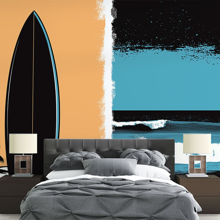 Papier peint surf | Silhouettes stylisées de surf et vagues en turquoise