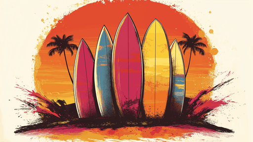 Papier peint surf Surfboards colorés au coucher de soleil tropical