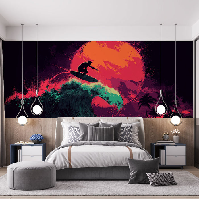 Papier peint surf | Surfeur au coucher de soleil vibrant
