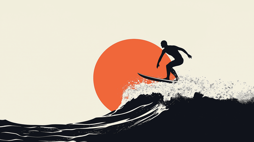 Papier peint surf Surfeur silhouetté sur une vague sous un soleil orange