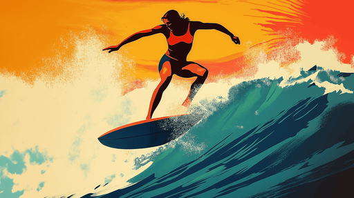 Papier peint surf Surfeuse en pleine action sur une grande vague colorée