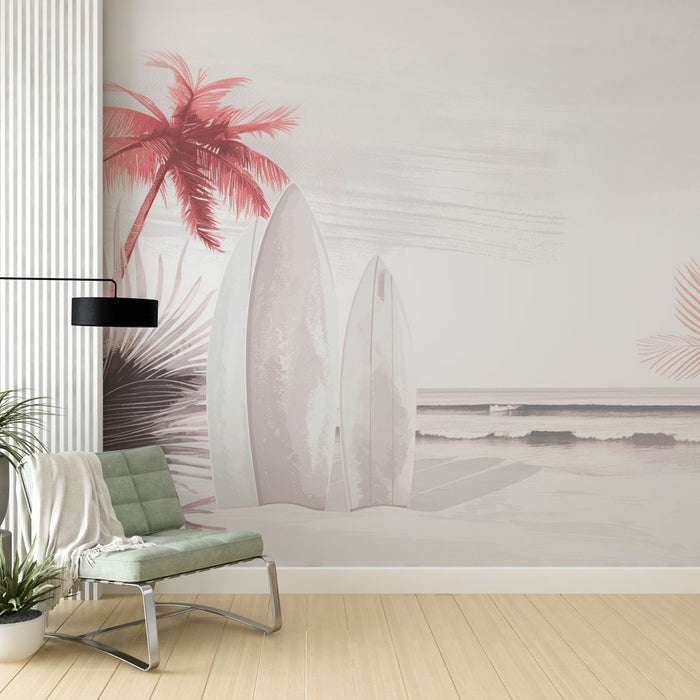 Une pièce moderne avec un papier peint tropical représentant des planches de surf et des palmiers sur fond pastel évoquant une ambiance estivale et relaxante.