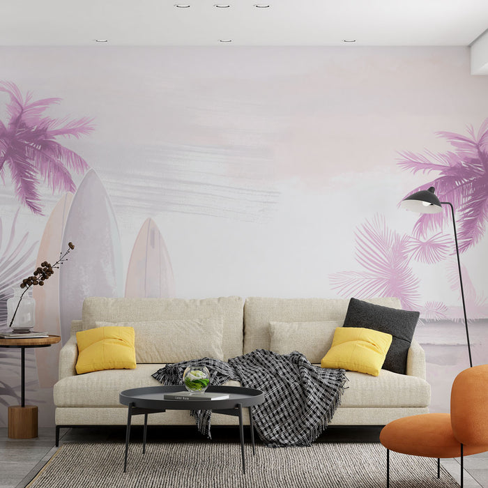 Un salon lumineux avec un papier peint tropical aux teintes douces, représentant des palmiers et des planches de surf sur fond pastel apaisant.