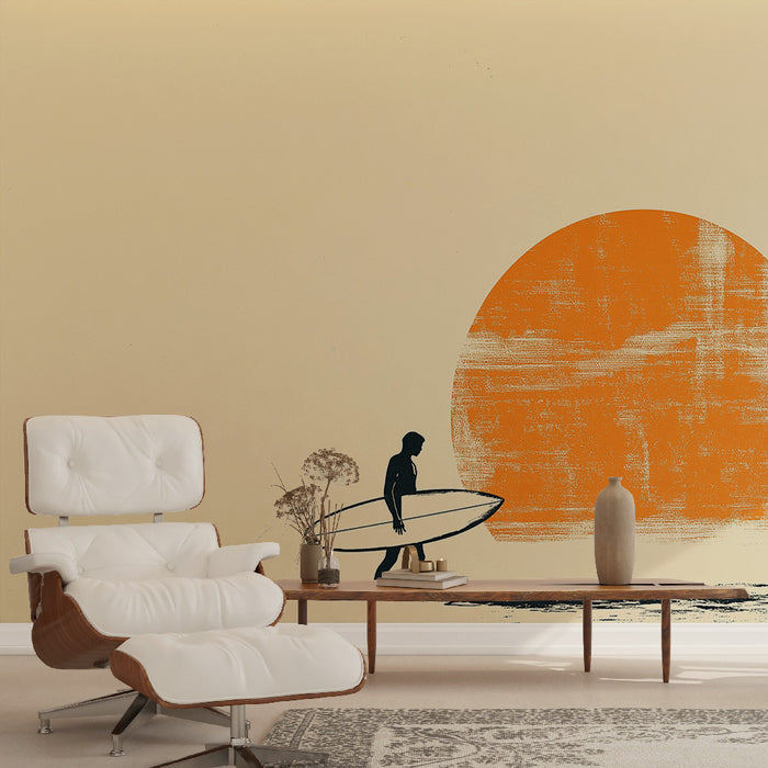 Papier peint surfer | Silhouette de surfeur au coucher de soleil vibrant