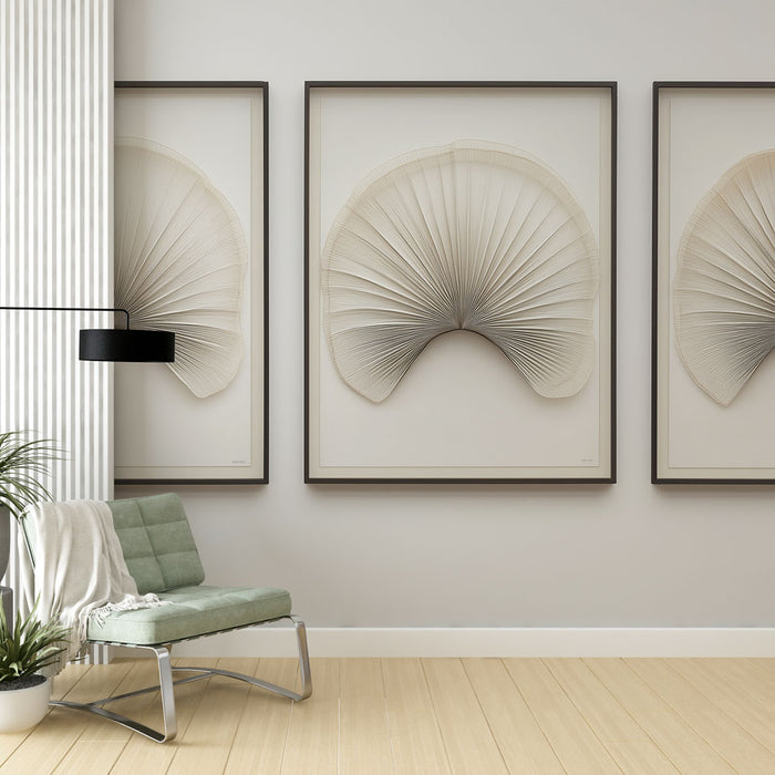 Une pièce moderne avec un papier peint aux teintes neutres et des motifs abstraits évoquant une ambiance apaisante et minimaliste.