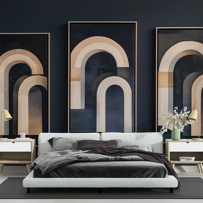 Une chambre moderne avec un papier peint bleu nuit orné de motifs géométriques en bois clair créant une ambiance élégante et contemporaine.