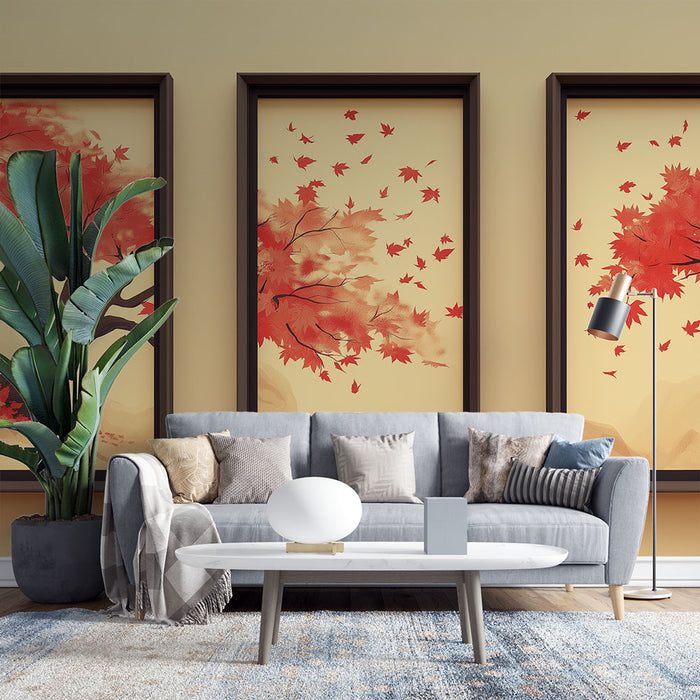 Papier peint tableau imitation | Arbres à feuilles d'automne aux nuances rouges
