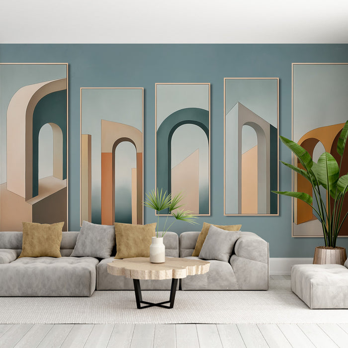 Un salon moderne avec un papier peint abstrait aux formes géométriques douces et aux teintes pastel, créant une atmosphère apaisante et élégante.