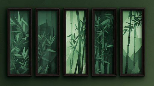 Papier peint tableau imitation bambou Motifs géométriques et feuillage vert