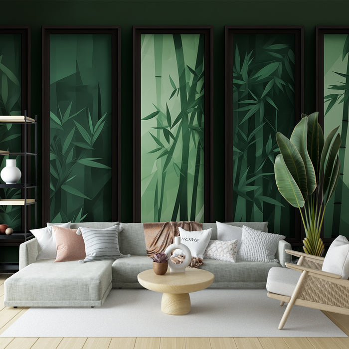 Papier peint tableau imitation bambou | Motifs géométriques et feuillage vert