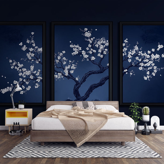Papier peint tableau imitation | Branche de cerisier blanche sur fond bleu profond