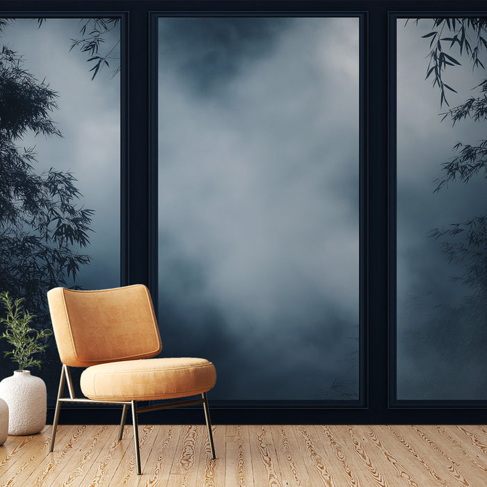 Une pièce contemporaine avec un papier peint évoquant une brume mystérieuse, aux teintes grises et bleues, créant une atmosphère apaisante et intrigante.