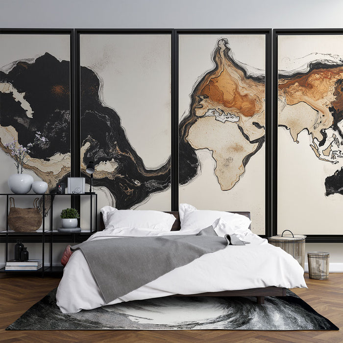 Une chambre moderne avec un papier peint abstrait aux teintes noires, dorées et beiges évoquant des formes organiques et une atmosphère artistique et élégante.