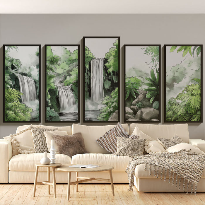 Papier peint tableau imitation cascades | Scène de nature luxuriante avec cascades et feuillage tropical
