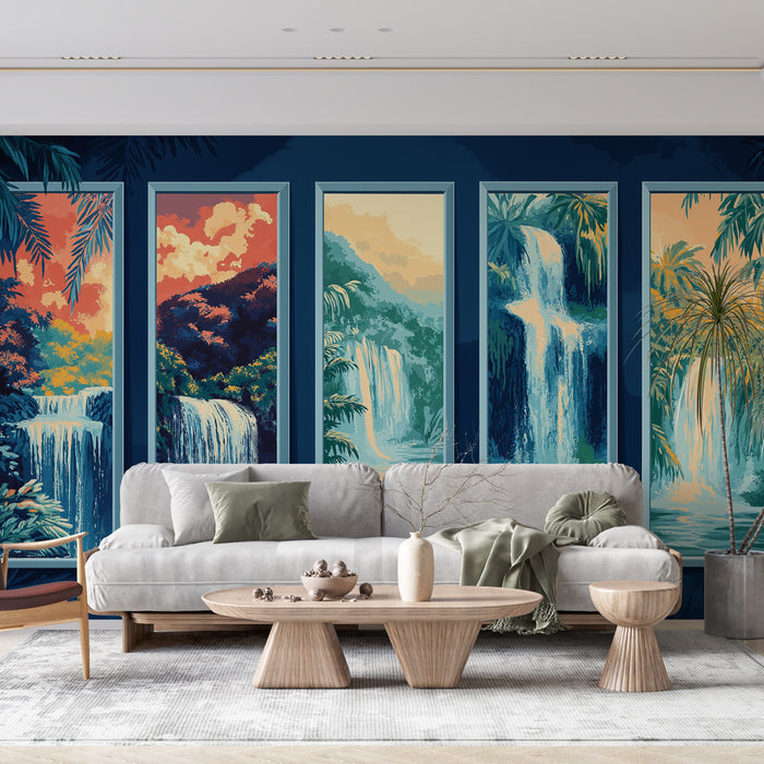 Un salon contemporain avec un papier peint représentant des cascades luxuriantes et des paysages tropicaux sur fond bleu, créant une atmosphère apaisante et exotique.