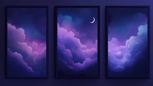 Papier peint tableau imitation ciel nocturne Nuages violets et lune pâle