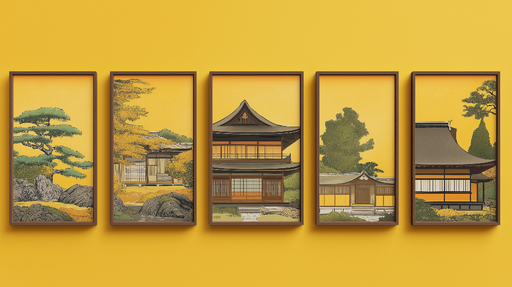 Papier peint tableau imitation Cinq écrans représentant des paysages architecturaux japonais vibrants
