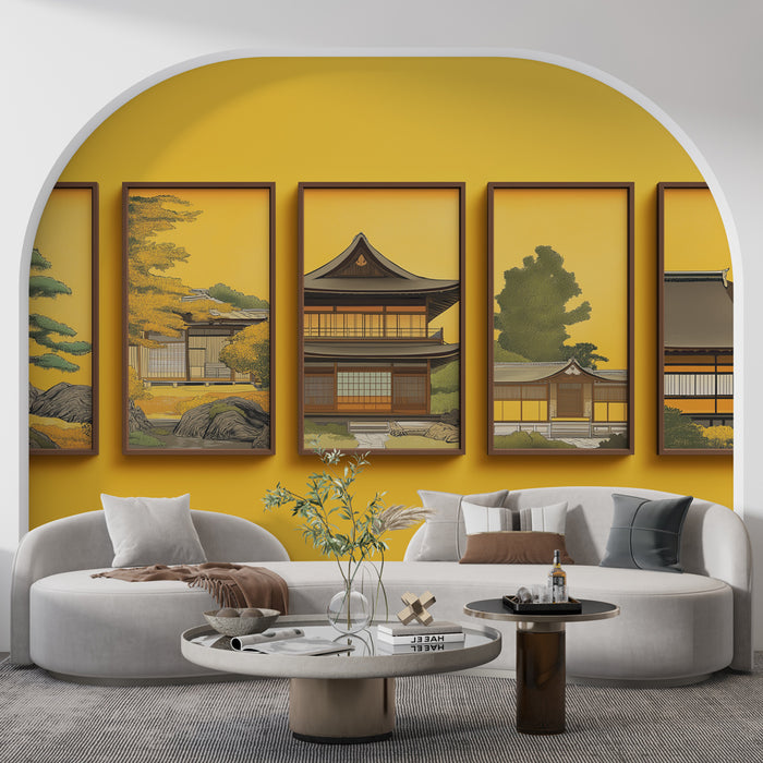 Un salon contemporain avec un papier peint représentant des paysages japonais en teintes jaunes et brunes, créant une atmosphère sereine et inspirante.