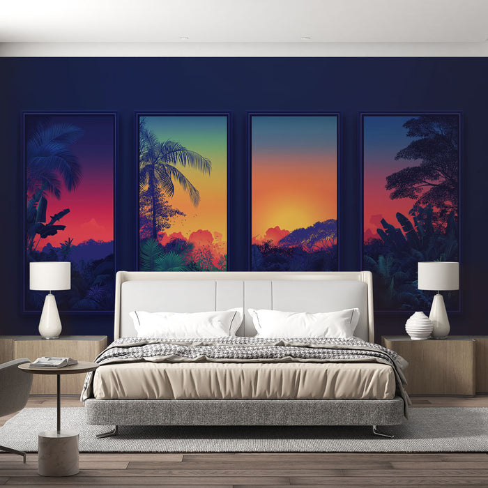 Une chambre moderne avec un papier peint représentant des paysages tropicaux colorés, évoquant une ambiance chaleureuse et apaisante.
