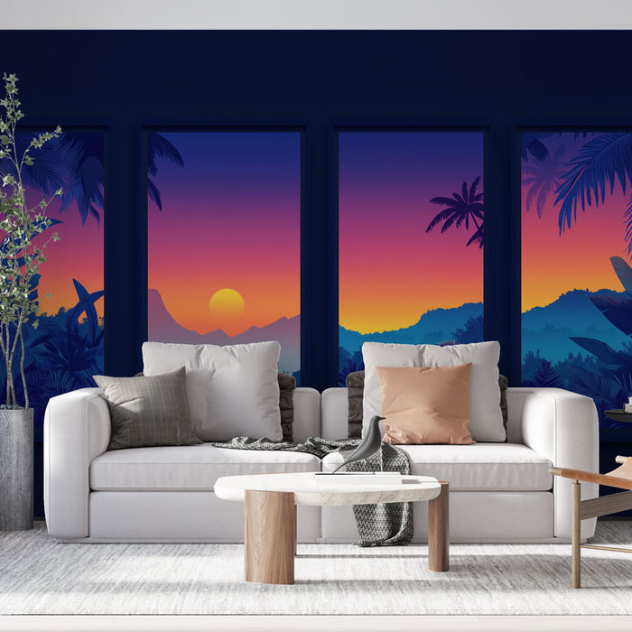 Un salon moderne avec un papier peint tropical représentant un coucher de soleil vibrant aux teintes dégradées de violet, rose et orange, créant une ambiance chaleureuse et apaisante.