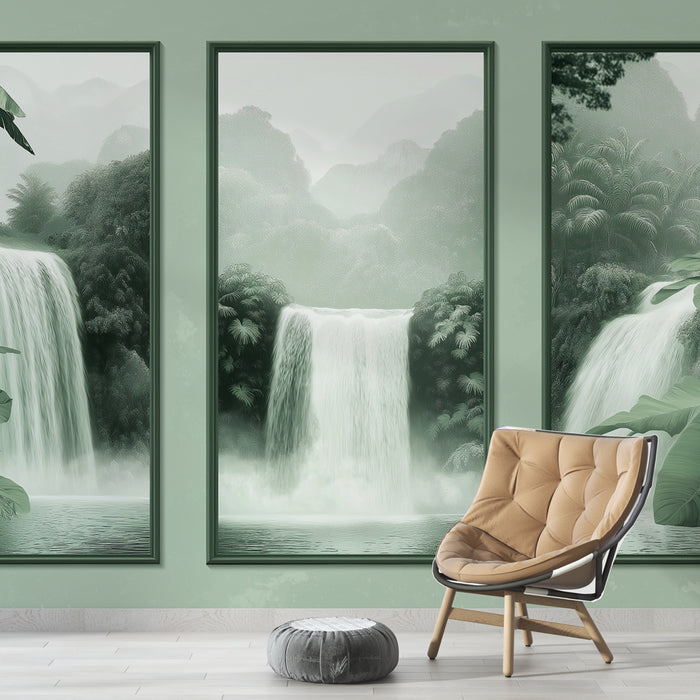 Une salle de séjour avec un papier peint représentant des cascades majestueuses entourées de verdure luxuriante, créant une atmosphère apaisante et naturelle.
