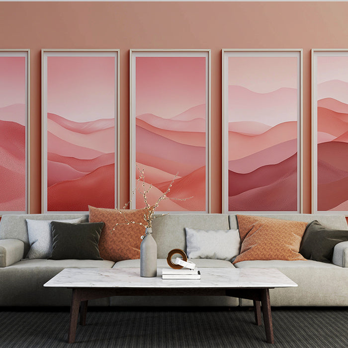 Un salon moderne avec un papier peint en dégradé de rose et de rouge, évoquant des ondulations douces et une atmosphère chaleureuse et apaisante.