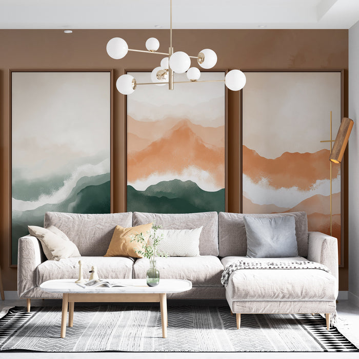 Un salon moderne avec un papier peint abstrait aux nuances de vert et d'orange évoquant des paysages montagneux, créant une atmosphère chaleureuse et apaisante.