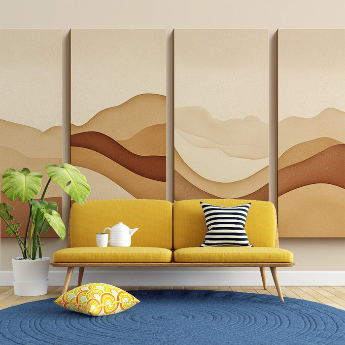 Un salon moderne avec un papier peint abstrait aux teintes beiges et brunes, évoquant des vagues douces et une ambiance chaleureuse et apaisante.