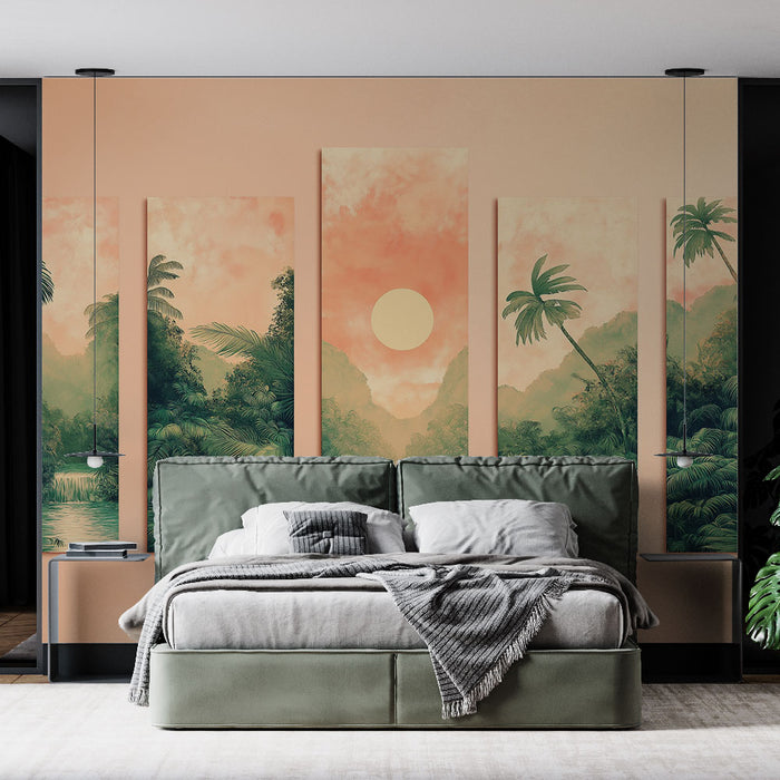 Une chambre moderne avec un papier peint tropical aux teintes douces, représentant un paysage verdoyant et un soleil couchant apaisant.