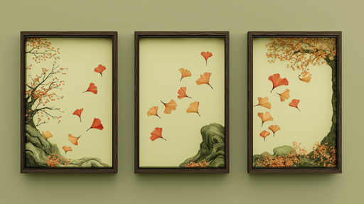 Papier peint tableau imitation Feuilles de ginkgo aux couleurs automnales sur fond doux