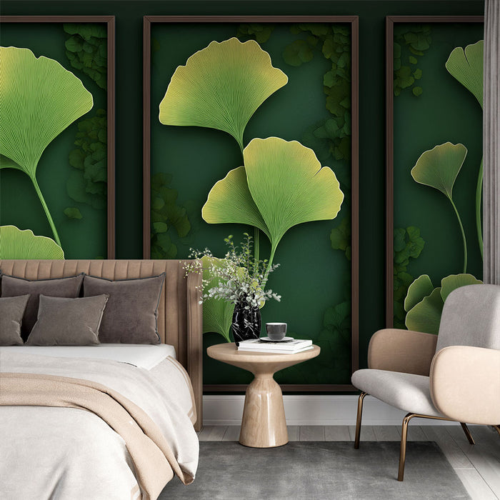 Papier peint tableau imitation | Feuilles de ginkgo sur fond vert